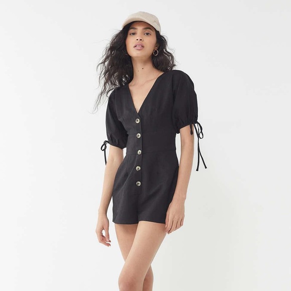 UO Lily Linen Button-Front Romper - Picture 1 of 5